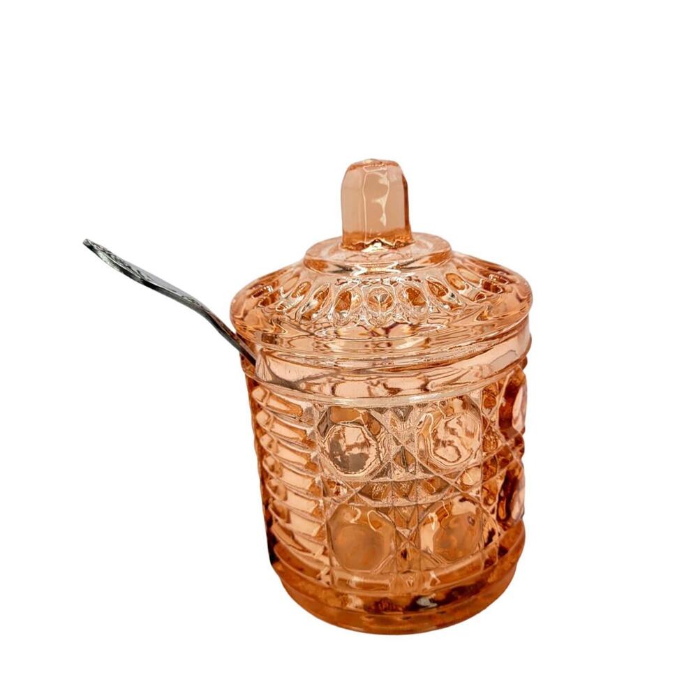 Indiana Glass Peach Ballad 4058 Jam Jar With Cover And Spoon 5 inch vintage